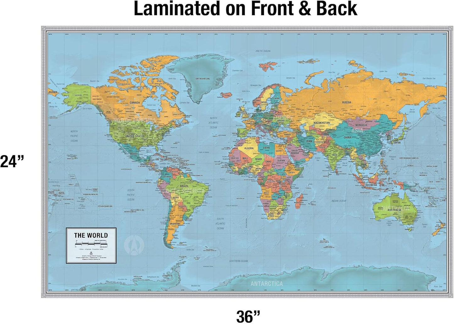 World Voyager Map Poster by Laminated - Bright Style with Clear Location Labels | 36” x 24” | Perfect for Home or Classroom