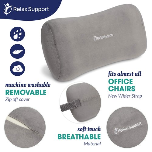 Relax Support RS11-X Lumbar Support Pillow - Medium Firm Memory Foam Office Chair Back Support - Promotes Spinal Alignment & Better Posture - Non-Slip Strap, Washable Cover - Fits Wheelchair, Recliner