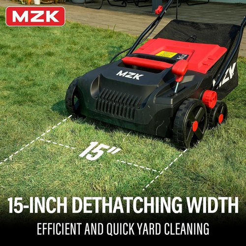 MZK 15-Inch Electric Dethatcher & Scarifier - 2-in-1 Lawn Care Tool with 5-Position Height Adjustment & 12-Gallon Bag (Red)