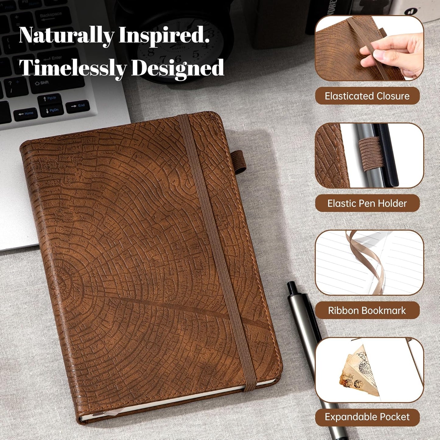 CAGIE Leather Bound Journal - Tree Growth Ring Design | 256 Pages, A5 Hardcover Notebook for Writing
