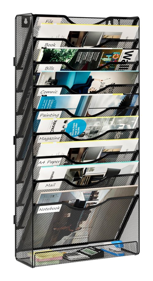 Solinxe 10 Tier Wall File Organizer, Vertical Mesh Paper Mail Organizer Wall Mounted Magazine Rack, Metal Clipboard Storage for Office, Home, Classroom, Black