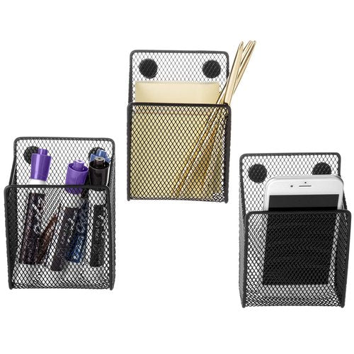 MyGift Set of 3 Magnetic Dry Erase Marker Holder, Silver Wire Storage Basket Office Supplies Organizer, White Board Pen Holders (Black)