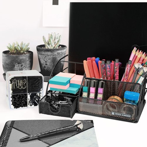 OFFICE ALMIGHTY Black Desk Organizer for Men: Exclusive Large 6 in 1 Mesh Shiny Metal Supplies Organizer with Pen Holders, Folder Holder & Accessories Drawer + BONUS 171 Clips Set w/a Plastic Box