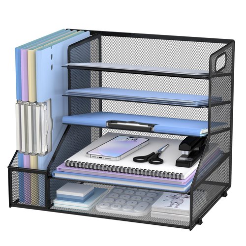 SUPEASY Desk Organizer with File Holder, 5-Tier Mesh Paper Letter Tray Organizer, Desktop Organizer and Storage with 3 Slot Document File Sorter for Office Supplies, Black