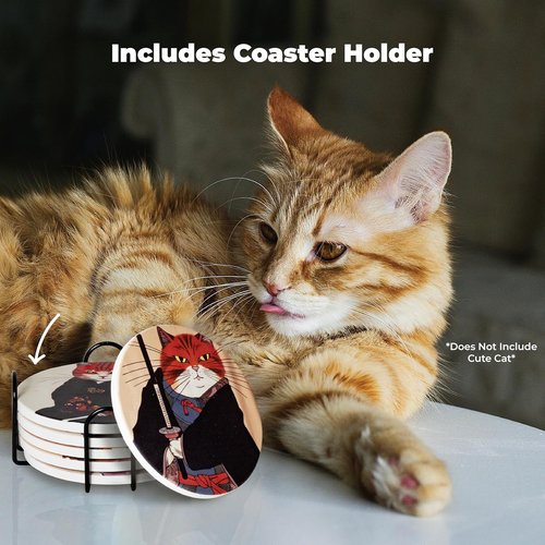 Ninja Cat Coasters - Anime Cat Decor Set of 6 - Perfect Gifts for Cat Lovers with Holder