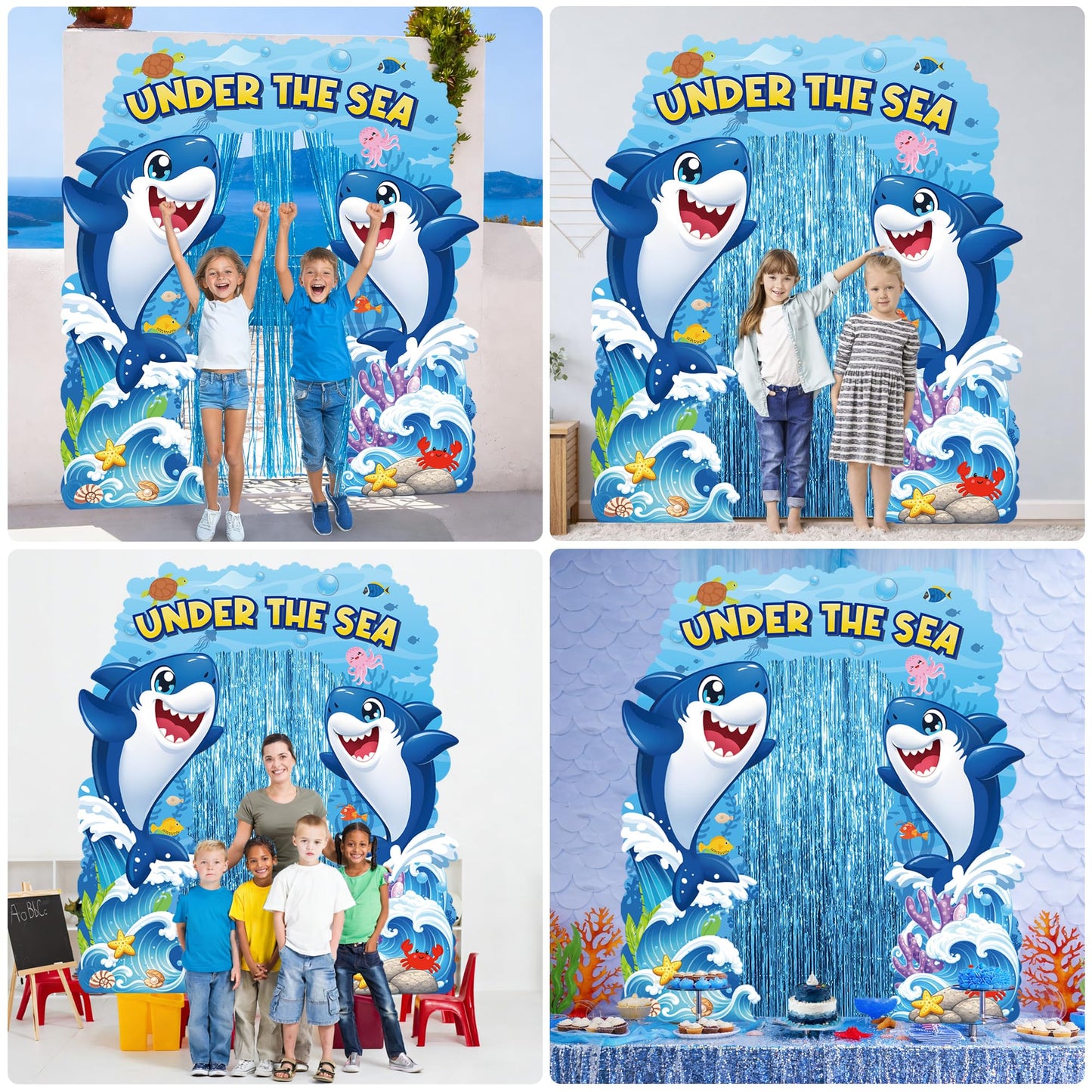 Ocean Theme Door Banner Decoration with Blue Foil Fringe Curtains Under the Sea Porch Signs Summer Birthday Party Decorations Ocean Photo Booth Backdrop Hanging Decor 94.5 x 91 Inch