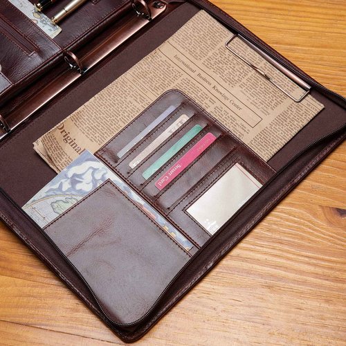 YIWEN Handmade Genuine Leather Portfolio, Zippered Padfolio with 3 Ring Binder, Professional Business Organizer, Resume Folder, Notebook Organizer with Tablet (Non-Custom, Oil Wax)
