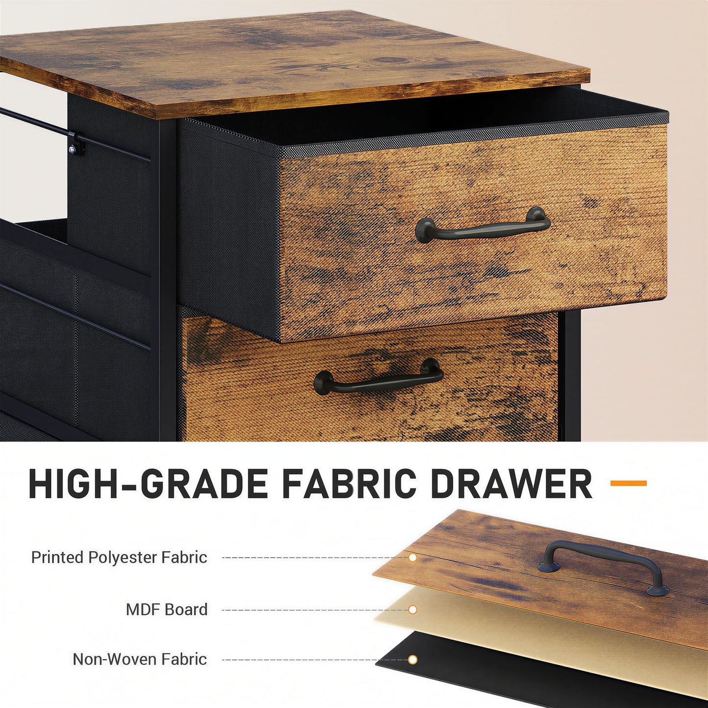 DEVAISE Mobile File Cabinet, Rolling Printer Stand with 3 Drawers, Fabric Vertical Filing Cabinet fits A4 or Letter Size for Home Office, Rustic Brown Wood Grain Print