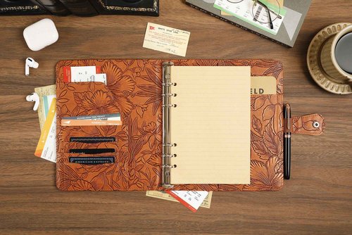 Patterned Leather Portfolio Binder 6 Ring, A5 Planner Portfolio for Women, Work Organizer Padfolio for Men, Brown