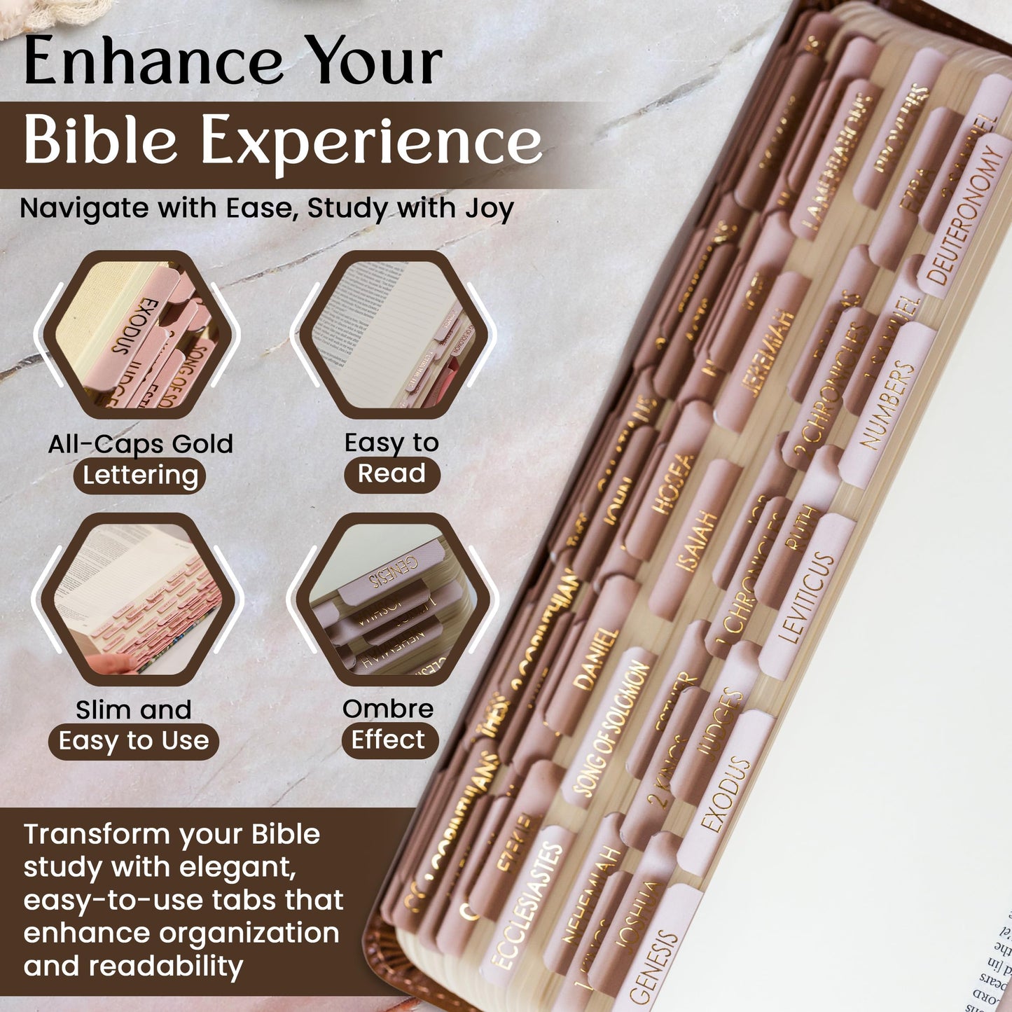 Premium Laminated Bible Tabs for Women Bible,Elegant Gold Foil Embossed Lettering,Lightweight Catholic Bible Tabs,Easy to Read & Apply,Bible Chapter Index Tabs,Double-Sided Labels,Ideal Gift (Oak)