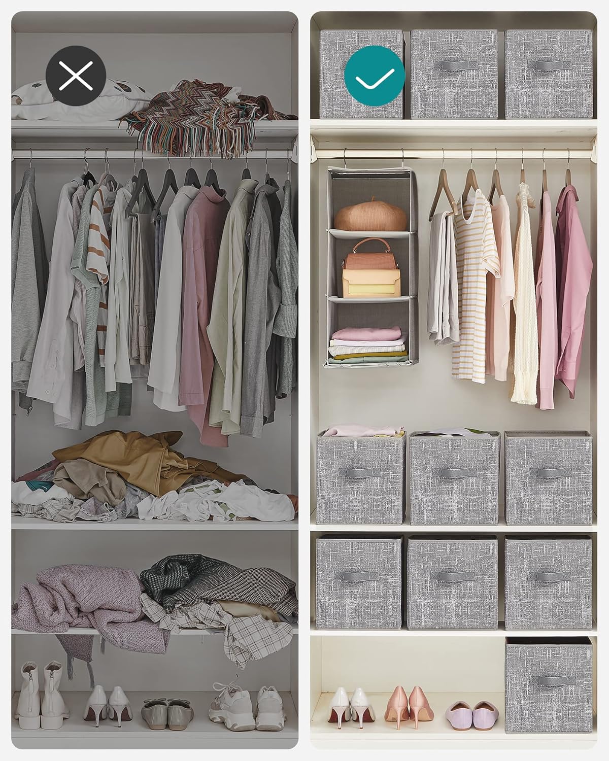 SONGMICS Storage Cubes - 11-Inch Non-Woven Fabric Bins with Double Handles - Set of 6 in Cattail Gray for Closet Organization