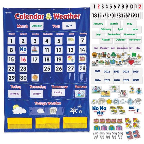 Learning Resources Calendar & Weather Pocket Chart + Patterned Hand Pointers (Set of 3)
