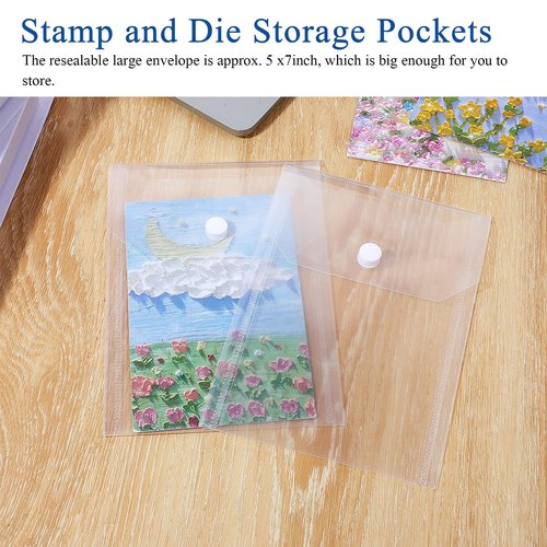 60Pcs Plastic Envelopes with Snap Closure, Waterproof Clear Envelope Pouch 6.7 x 4.7inch Envelope File Folder Reusable Stamp and Die Storage Pockets for Home Office