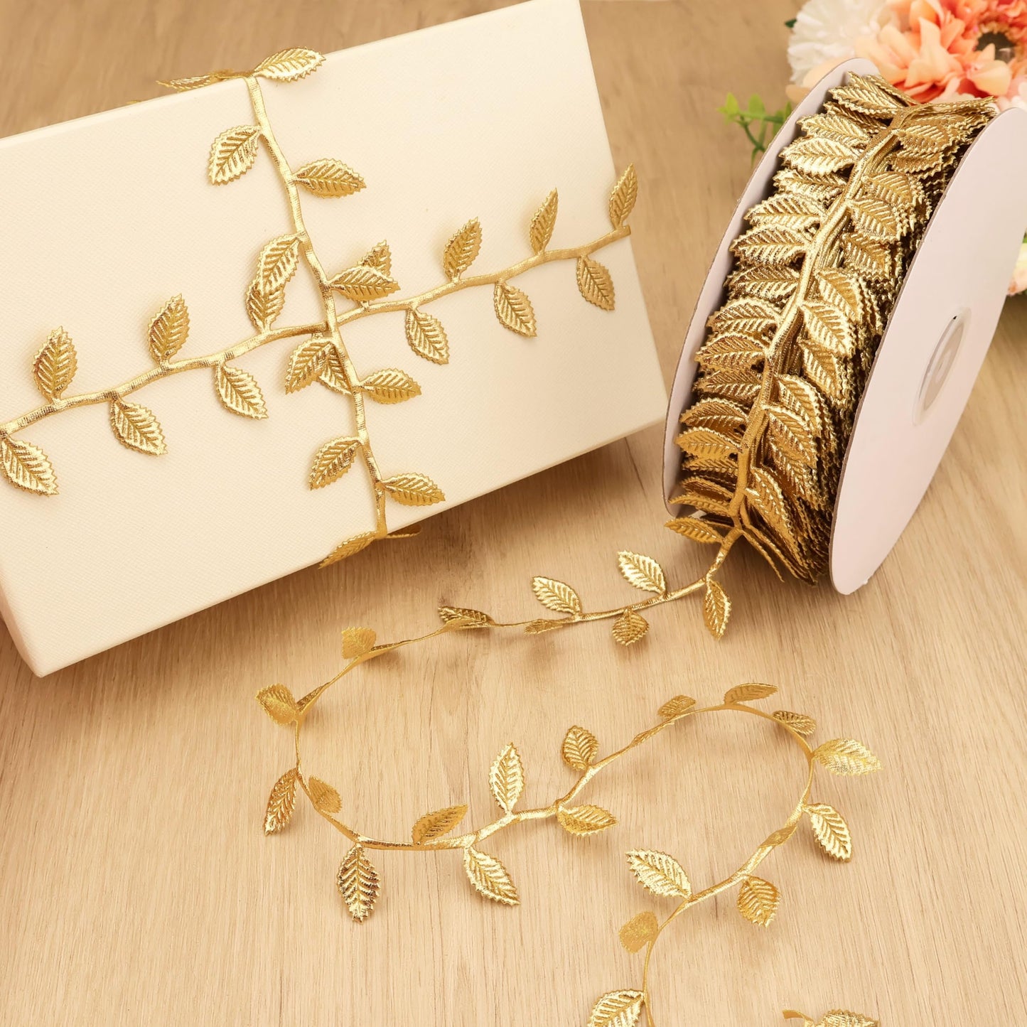 Gold Leaf Trim Ribbon 1-3/4 Inch x 44 Yards – Wired Metallic Organza Edge Ribbon for Wreath, Wedding, Cake, Party, DIY Crafts & Home Decor