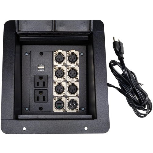 Pro Audio Recessed Stage Floor Box with Passthrough Connectors (with 110v, 6 Female 3 Pin XLR, 1 Male XLR, Ethernet RJ45)