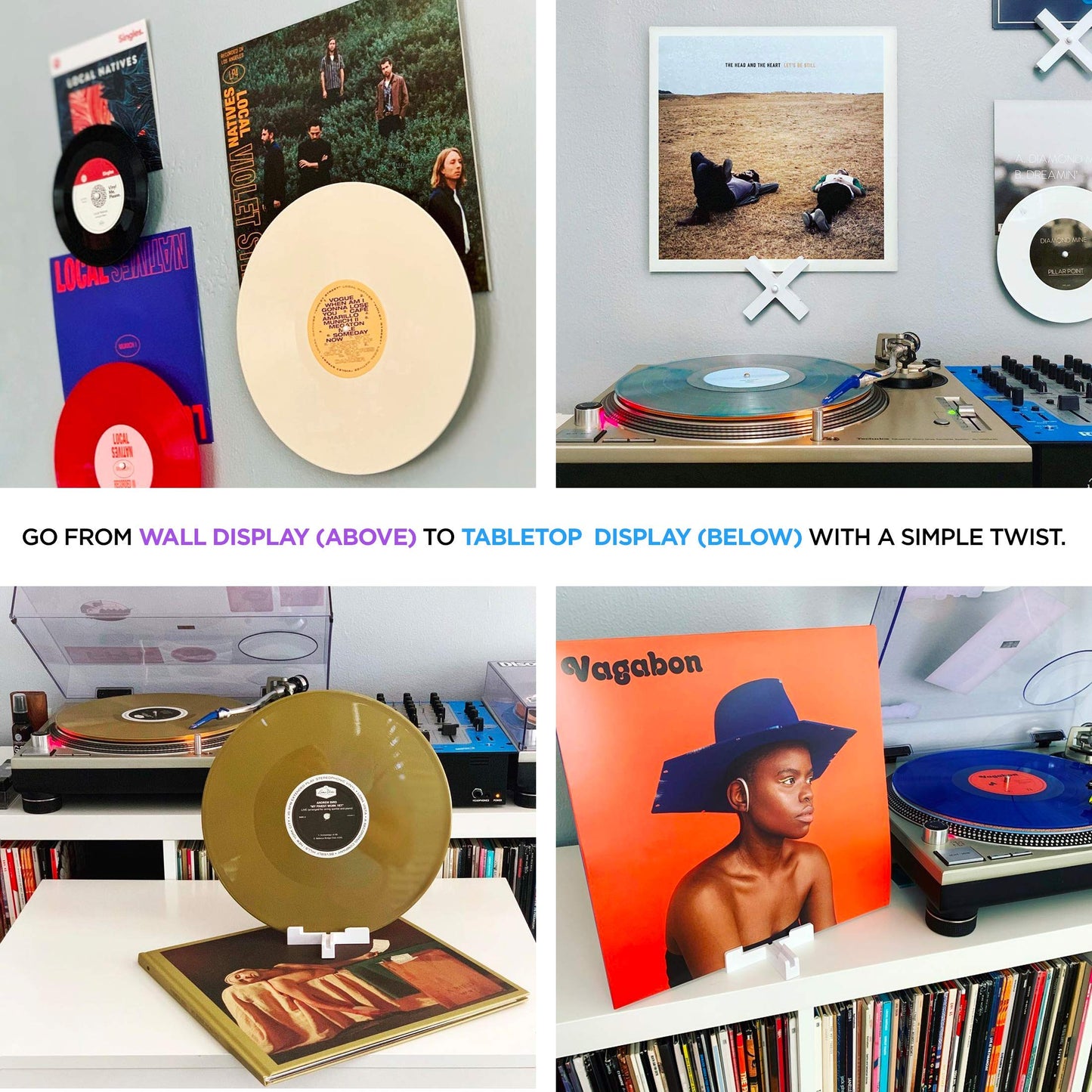 Record Props - Vinyl Record Display - Combine vinyl and album cover on wall. Doubles as a now playing tabletop stand.