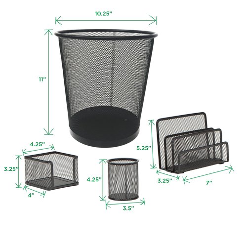 Mind Reader Desktop Set, 4 Pcs., Desktop Organizer, Storage, Workspace, Office, Metal Mesh, 10.25"L x 10.25"W x 11"H, Black