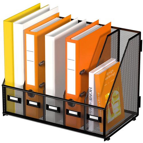 DALTACK Desk Organizers Metal Magazine File Holder with 5 Vertical Compartments Folder Storage Binder Organizer for Office Home School Organization, Black Plus