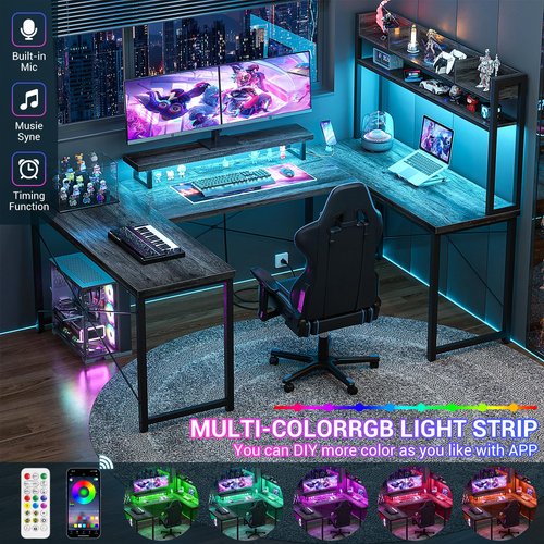 iSunirm L Shaped Gaming Desk, 74 Inch Reversible U Shaped Computer Desk with Storage Shelves, Monitor Stand for Home Office,Living Room,Black Oak