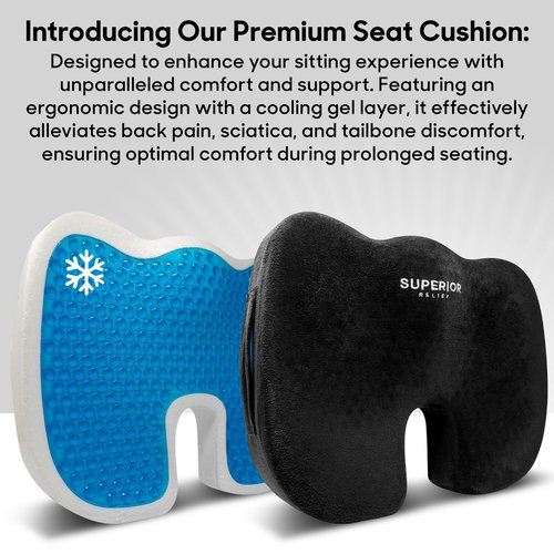 SUPERIOR RELIEF Seat Cushion for Office Chair, Car & Gaming – Cooling Gel, Ergonomic Coccyx Support for Sciatica & Back Pain Relief – Non-Slip, Washable Cover, Portable Comfort Pad