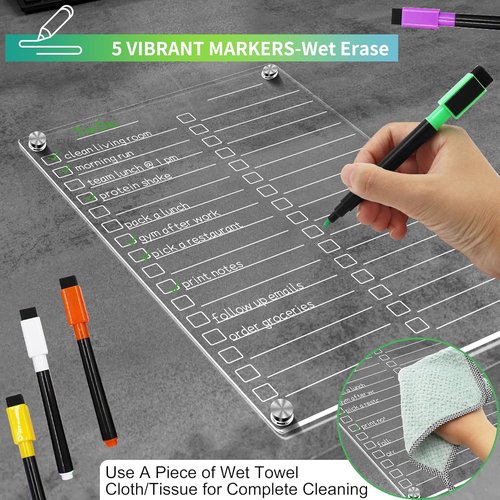 Skiennix Acrylic Magnetic Dry Erase Board - 12" x 8" Clear To-Do List for Fridge | Includes 5 Markers