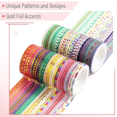 Mr. Pen Skinny Washi Tape Set - 48 Rolls of Gold Foil Print, 3mm Wide, Perfect for Scrapbooking & Crafts