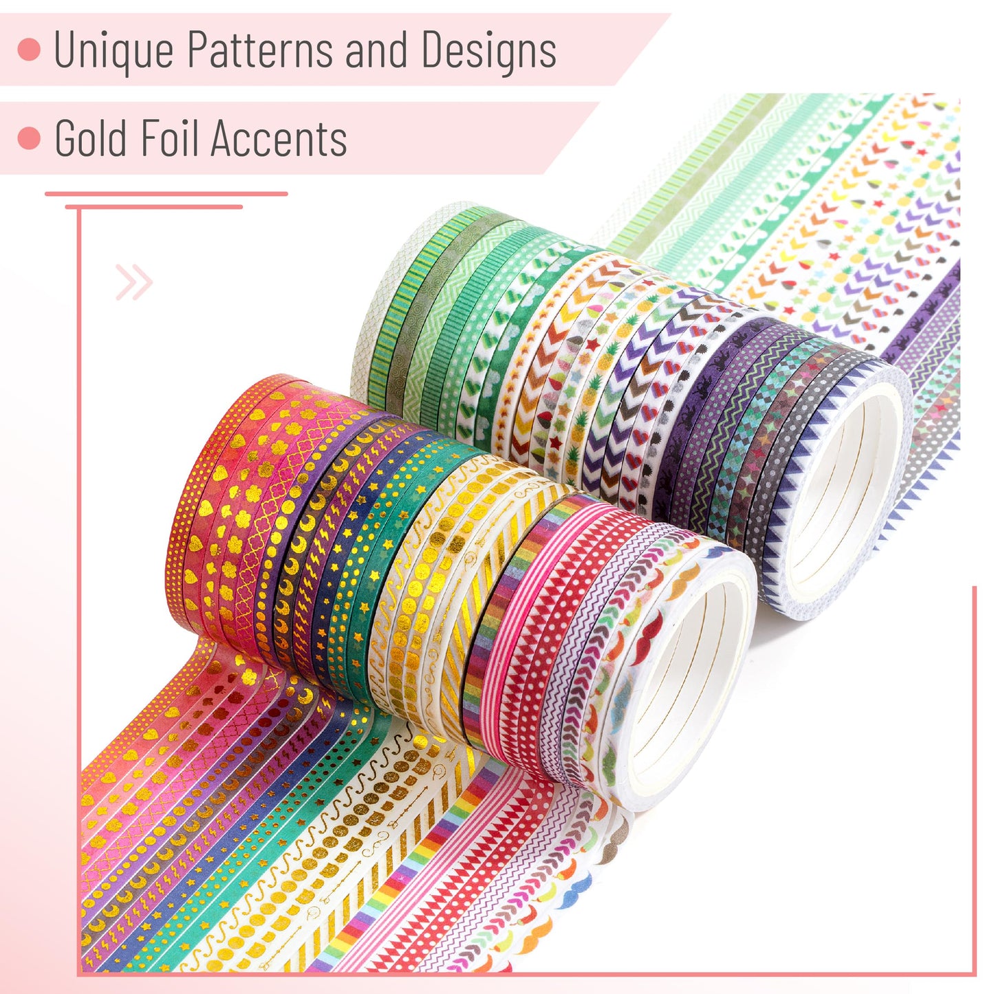 Mr. Pen- Skinny Washi Tape Set, 48 Rolls, Gold Foil Print, 3mm Wide, 5.5 Yards/Roll, Washi Tape for Scrapbook, Arts, Crafts, Journals and Planners