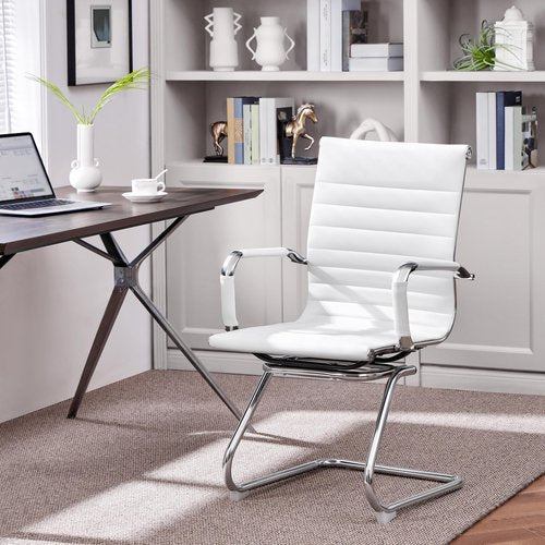 Yaheetech Faux Leather Office Reception Chair Without Wheels Mid Back Ergonomic Guest Chairs for Conference Reception Room Waiting Room, Set of 2 White