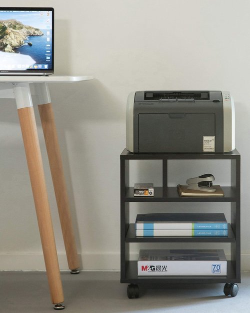 Basicwise Wooden Office Storage Printer Stand with Wheels, Black