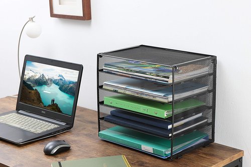 StorageMax Desk File Organizer, Desktop Wire Mesh Sorter with 5 Compartments and 4 Retractable Trays for Mail, Papers, Letters, Folders and Binders. Office Accessories. Black