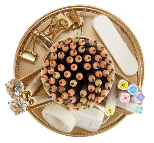 Annova Mesh Desk Organizer Rotate with 5 Compartments Round Spinning Tidy Candy/Pen Holder Desk Accessories Office, Art Supply, Storage, Classroom, Home (Gold)