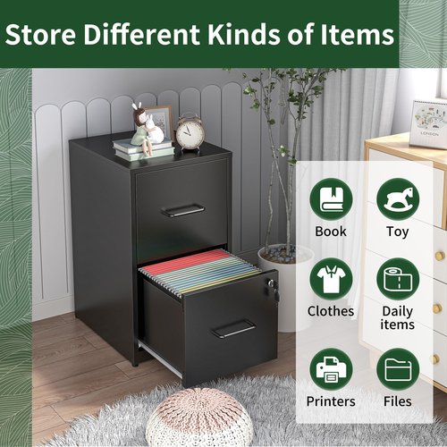 Yukimo 2 Drawer File Cabinet with Lock, Vertical File Cabinet with Lock, Locking File Cabinet Hanging Files for A4/ Legal/Letter,Black
