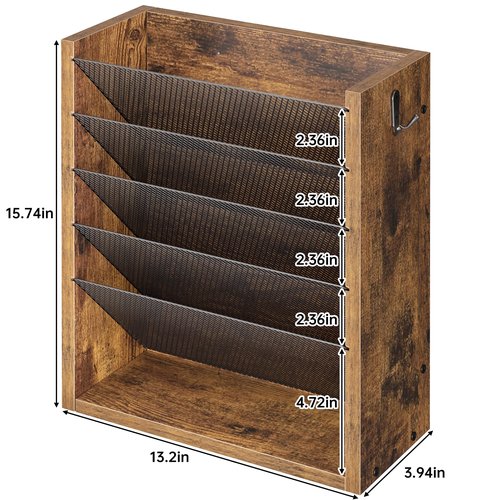 Creso hom Hanging Wall File Organizer, 6 Tier Wood Wall File Holder with 2 Hooks, Mail Organizer Wall Mounted with Bottom Flat Tray, Vertical Paper Desk Storage for Office, Home, Rustic Brown