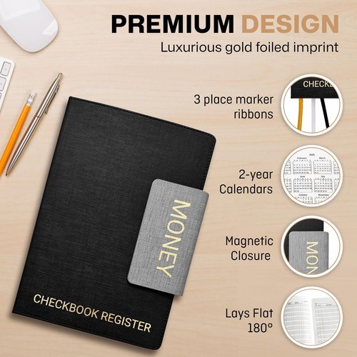 Luxury Magnetic Closure Checkbook Register – 10" x 7", PU Leather, Gold Foil Imprint, 3 Bookmark Ribbons, 64 Double-Sided Pages, Thick 120 GSM Paper, 3,584 Entries, Large Print, Lay-Flat Design