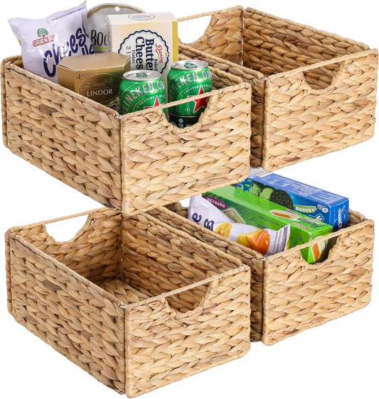 Water Hyacinth Pantry Baskets - Set of 4 Wicker Storage Baskets for Organized Shelves | 12.5 x 9.5 x 6 in