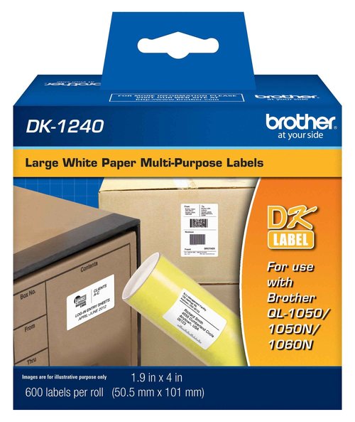 Brother Genuine DK-1240 Die-Cut Large Multi-Purpose White Paper Labels for Brother QL Label Printers, 1.9" x 4" (50.5mm x 101mm), 600 Labels per Roll, DK1240