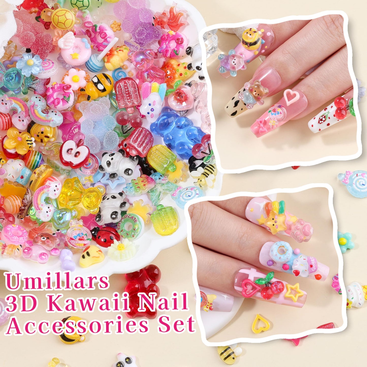 250Pcs 3D Kawaii Nail Charms Kit, Mixed Cartoon Candy Animal Fruit Resin Charms Flatback Gummy Bear Slime Charms Cute Star Heart Butterfly Daisy Flower Nail Supplies for Nails Phone Cases DIY Crafts