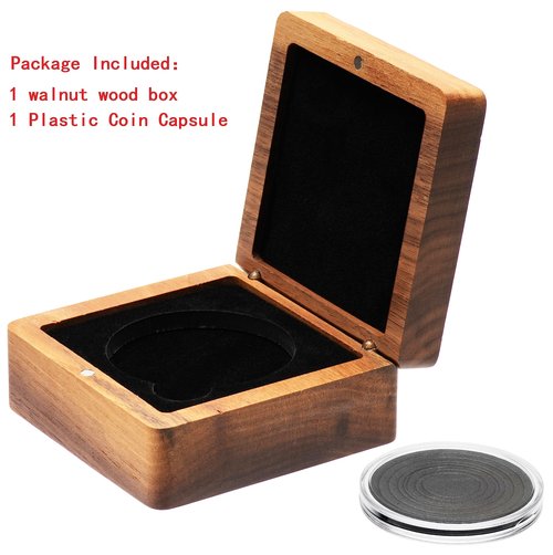 COSISO Single Walnut Wood Challenge Coin Presentation Display Box Storage Case Square 8cm and Plastic Coin Capsules with Adjustable Gasket