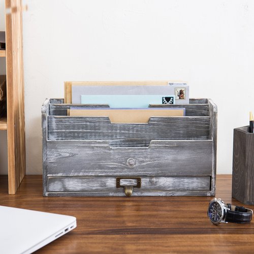 MyGift 3 Slot Rustic Dark Gray Wood Office Desk File Organizer Holder, Desktop Mail Letter Sorter Tray Document Holder with Pull-Out Storage Drawer