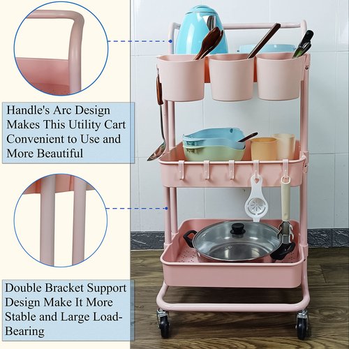 Freletry 3 Tier Utility Rolling Cart Storage Organizer Shelf Rack with 3PCS Hanging Cups + 8PCS Hooks + 2PCS Storage Box for Home Office Kitchen Bathroom (Pink 3 Cup+8 Hook+2 Storage Box)
