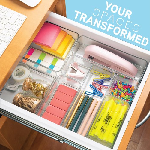 primebox Eight Piecs. Plastic Clear Drawer Organizers for Bathroom, Kitchen, Bedroom, Office Organizer Bins, Storage Trays. Heavy Duty, Stackable 4 Sizes