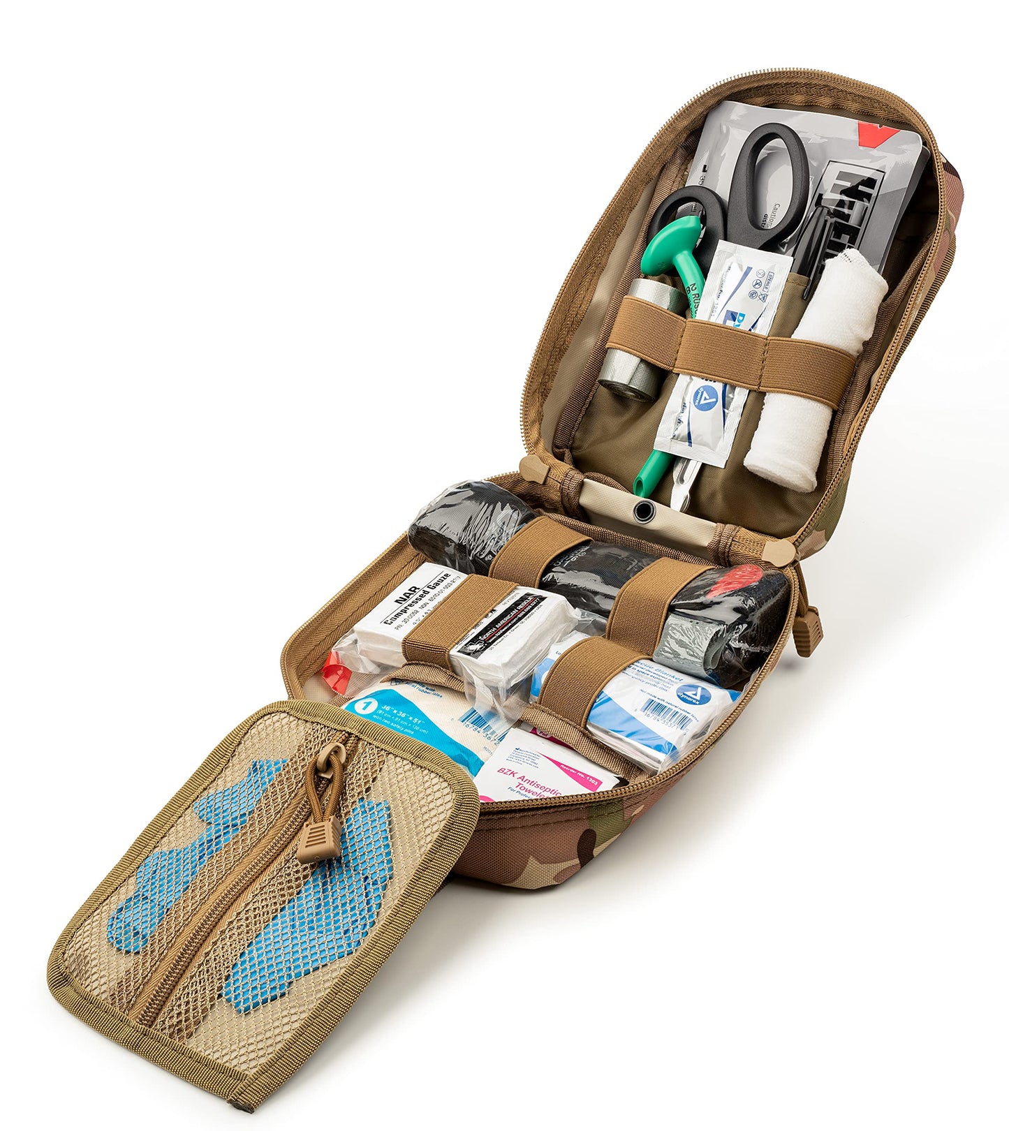 Scherber Premium IFAK Kit Trauma Pack Fully Stocked MOLLE Pouch w/CAT Tourniquet, HyFin Vent Chest Seal, & Israeli Bandage Trauma Kit for Emergency, Gunshot, Bleeding, & Major Wound Care (Camouflage)