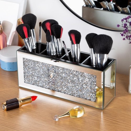 blingworld Mirrored Pen Holder 4 Compartments, Crushed Diamond Pencil Holder for Desk Glass Pen Organizer Cup for Countertop Accessory Storage, Silver