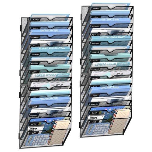 JMHUD 14 Tier Wall Hanging File Organizer, Paper Folder Holder Wall Mounted, Metal Mail Sorter for Office Home School, Black 2 Pack