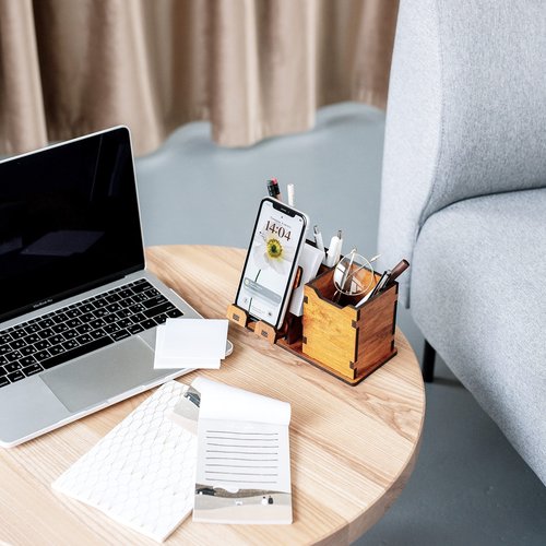 Wooden Pen Pencil Holder with Cell Phone Stand for desktop, office desk organizer, Desk Decoration, Phone Dock Office Supplies, Pen Container, Home Decorative (Simple)