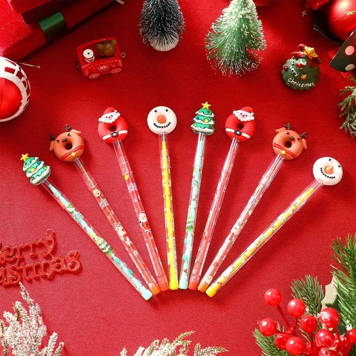Qilery 100 Pcs Christmas Pencils Multi Point Stackable Push Pencils Christmas Plastic with Silicone Santa Xmas Tree Deer and Snowman for School Reward Party Favor Children New Year Supply