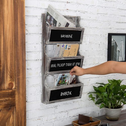MyGift Wall Mounted Torched Solid Wood Magazine and Mail Holder Organizer Rack with 3 Slots and Chalkboard Labels