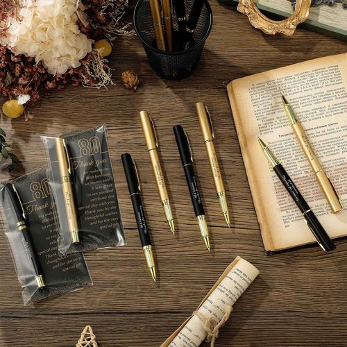 Feifeiya 50 Set 80th Birthday Party Favor for Guest Anniversary Party Favor with Black and Gold Ballpoint Pens and Thank You Cards for Women Men Birthday Anniversary Appreciation Gifts
