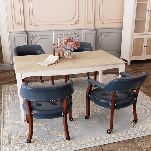 LEEMTORIG Set of 2 Dining Chairs with Casters and Arms, Large Rolling Dining Chairs with Wheels, Accent Poker Table Chairs, Solid Wood Boss Caption's Chairs, Cherry Legs & Blue SY-1533-LB
