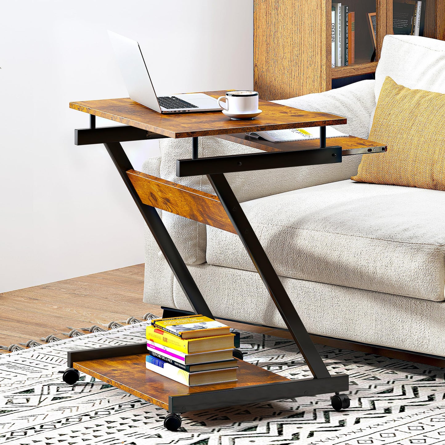 soges Small Rolling Computer Desk, Z Shape Laptop Desk Cart on Wheels, Mobile Computer Workstation for Home and Office with Keyboard Tray, Rustic Brown